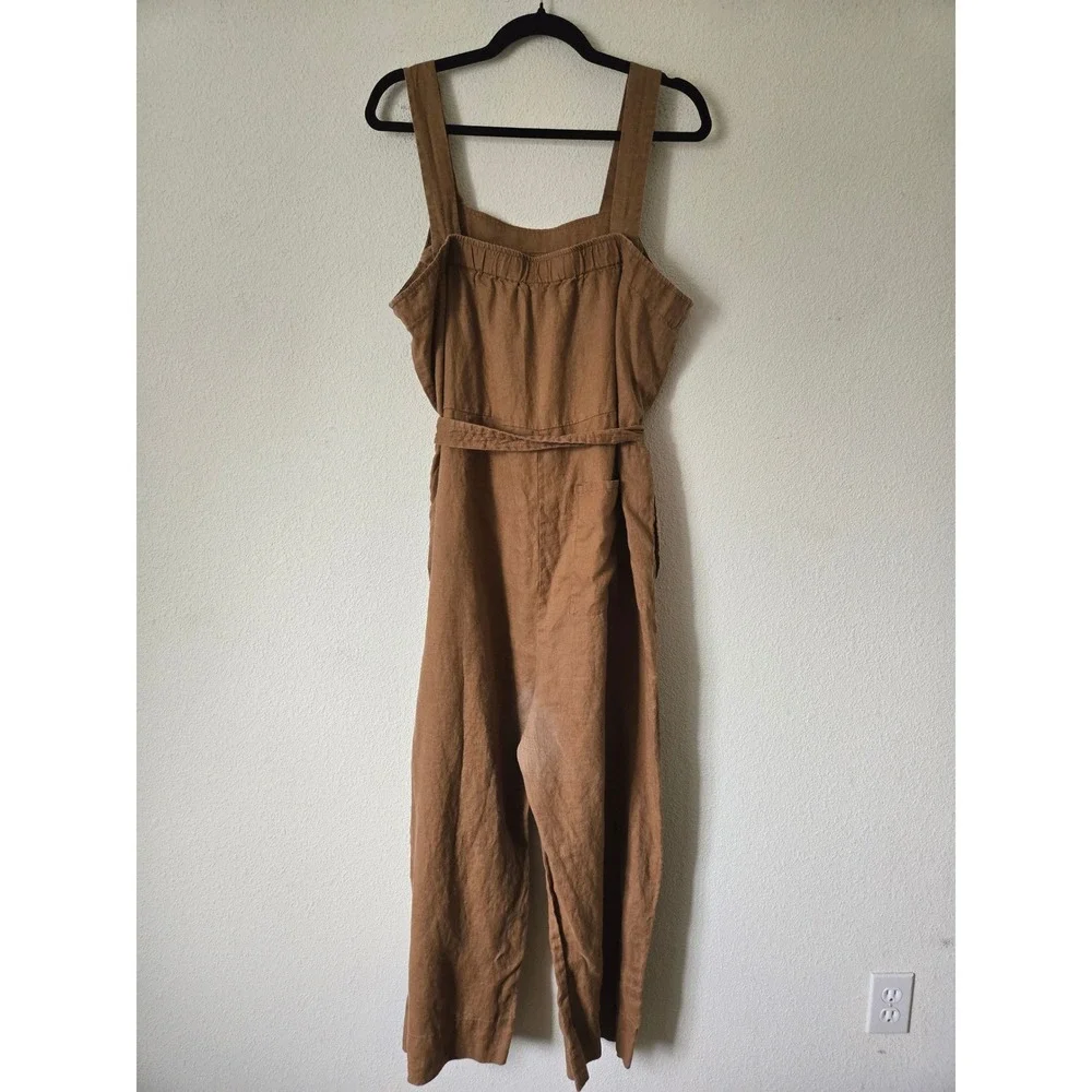 Quince 100% European Linen Square Neck Jumpsuit Brown XL Wide Leg Tie Waist